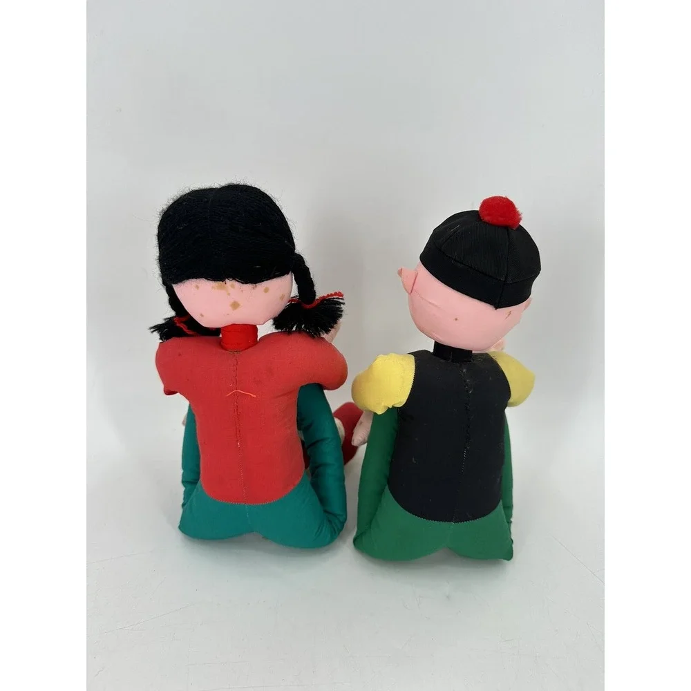 VTG Pair of Sitter Kneeler Dolls Chinese Hong Kong Cloth Girl And Boy Long Limbs